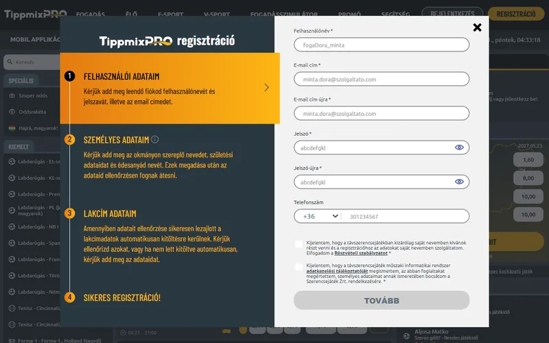 Tippmixpro online regisztrációs űrlap és azonosítási felület