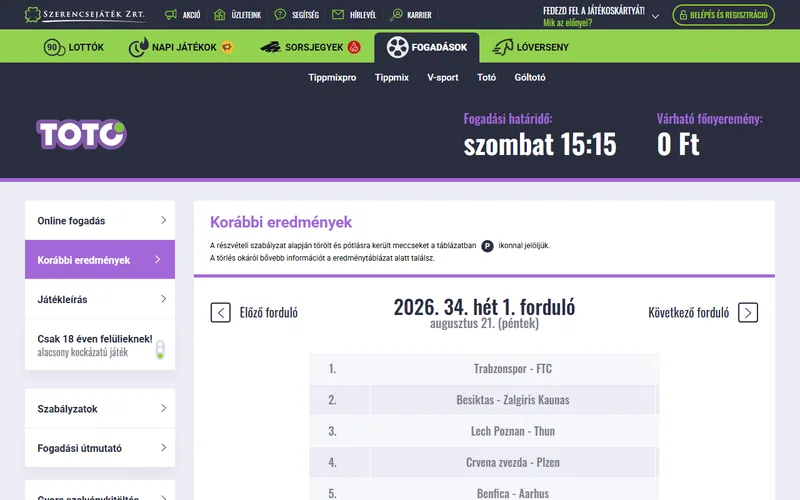 Szerencsejáték Zrt hivatalos 13+1 Totó játék és heti fogadási felület