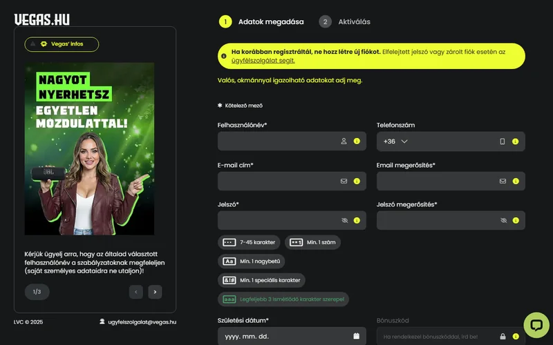 Vegas.hu online regisztrációs űrlap és fióknyitási felület